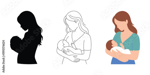 Breastfeeding mother silhouette nursing infant newborn nutrition icons black solid outline flat color styles for maternal care design