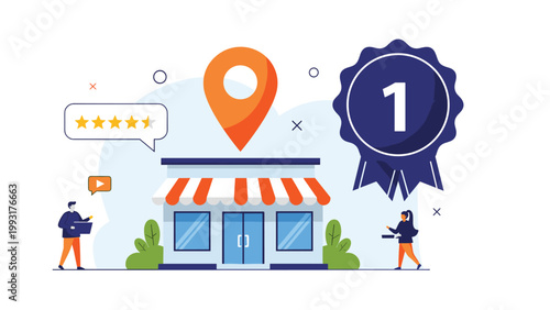 Retail store with a location pin and a first-place award ribbon symbolizes a top-rated local business with excellent customer service and reviews.