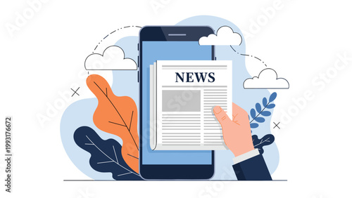Hand holds a smartphone displaying a digital news publication, representing modern journalism, mobile media, and online information access.