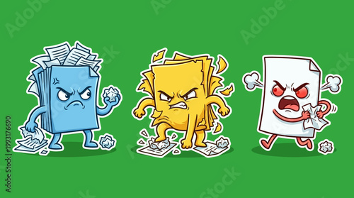 Angry Paper Characters - A Trio of Furious Office Documents.