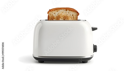 A sleek white toaster with a slice of bread inside on a plain background