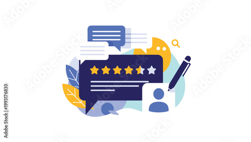 Review bubble with five stars is being edited with a pen next to a profile icon, representing user experience and service evaluation feedback.