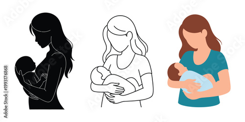 Breastfeeding mother silhouette nursing infant newborn nutrition icons black solid outline flat color styles for parenting healthcare graphics