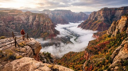 Autumn canyon overlook with foggy river and rocky cliffs, scenic fall landscape, dramatic viewpoint, colorful foliage and mist, expansive nature travel scene, soft morning light, no logos