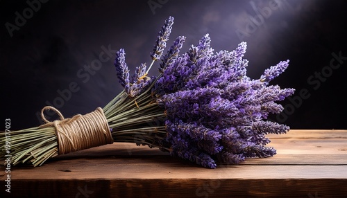 Elegant Lavender Bouquet On Wooden Surface Against Dark Background