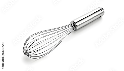 A stainless steel whisk with a silver handle and wire tines on a white background