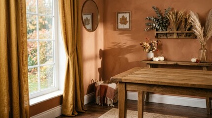 Empty interior table with curtains and wall shadow, autumn home decor background for beauty or fashion display, warm aesthetic setting, soft window light, no logos