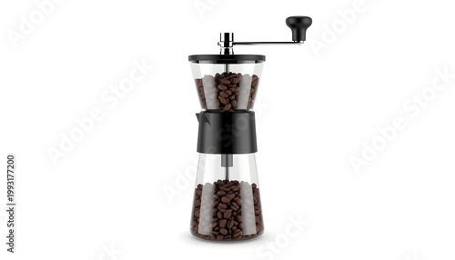 A manual coffee grinder with a clear glass container filled with coffee beans on a white background