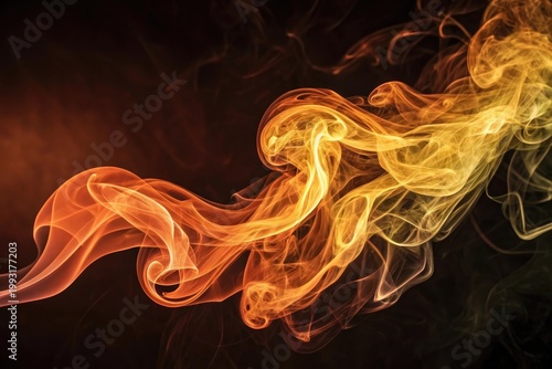 Vibrant orange and yellow abstract smoke swirls in dark background