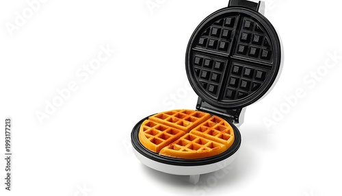 A round waffle maker with a cooked golden waffle inside on a white background