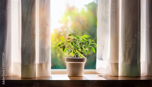 Small Potted Plant On A Windowsill With White Curtains And Natural Light