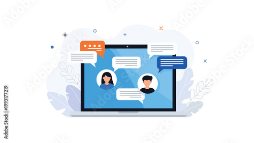 Online communication illustration depicting two people having a video conference on a laptop with speech bubbles and abstract background elements.