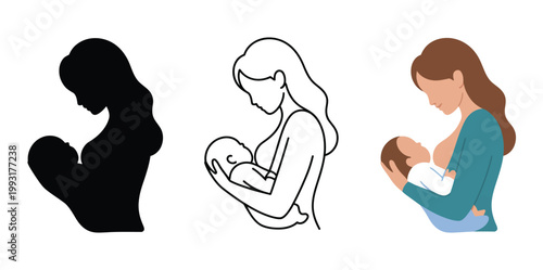 Breastfeeding mother silhouette nursing infant newborn nutrition icons black solid outline flat color styles for baby care and maternal health