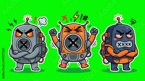 Angry Robot Characters Displaying Frustration and Annoyance on Green Background.