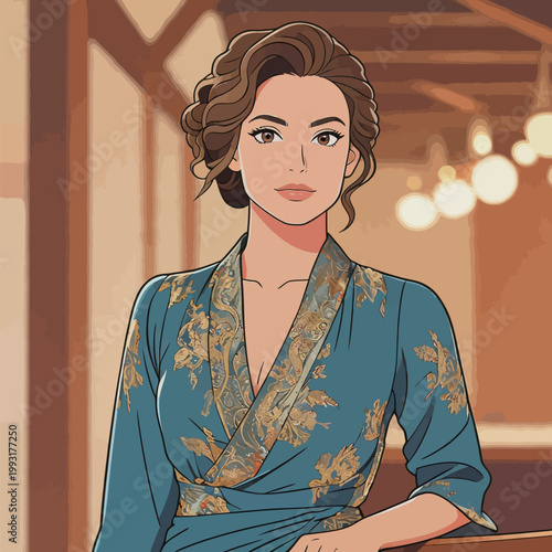 Illustration of Elegant Woman in Teal Kimono