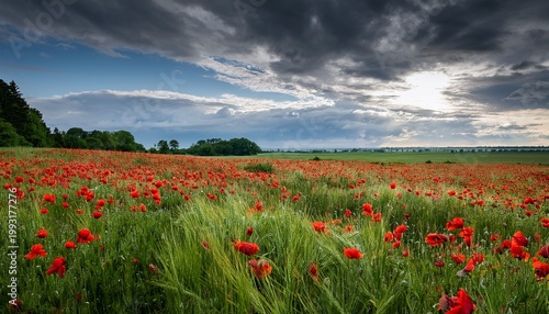 A Serene Landscape With Vibrant Flowers And A Cloudy Sky