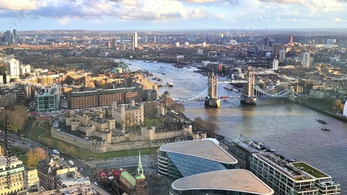 London aerial view at sunset. Tower Bridge, River Thames and Tower of London

