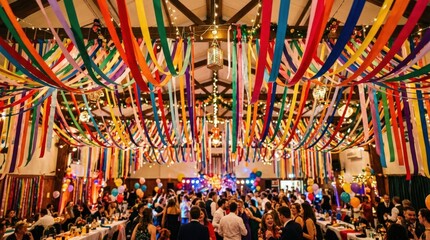 Ceiling decorated with colorful hanging ribbons in a festive celebration space, vibrant party decor and joyful event atmosphere, dynamic overhead composition, realistic detail, no logos