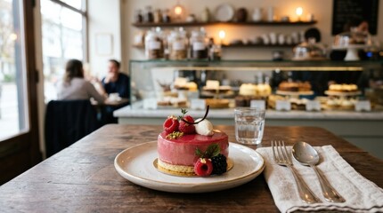 Delicate dessert in a pastry shop, refined sweet course, elegant presentation and soft textures, realistic food photography, no logos