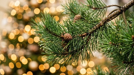 Close up of a vibrant green pine branch with soft golden bokeh, fresh evergreen detail with festive seasonal atmosphere and elegant natural texture, realistic macro photography, no logos