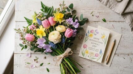 Bouquet of spring flowers on pastel white table, floral greeting card flat lay for International Women's Day or Mother's Day, realistic detail, no logos