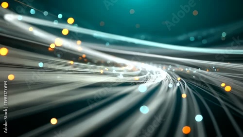 High speed data transfer through fiber optic cables with glowing particles.