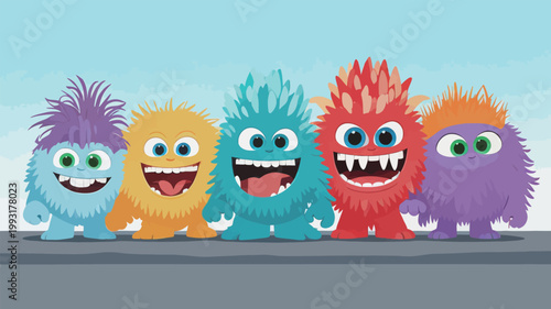 Five Colorful Fluffy Cartoon Monsters