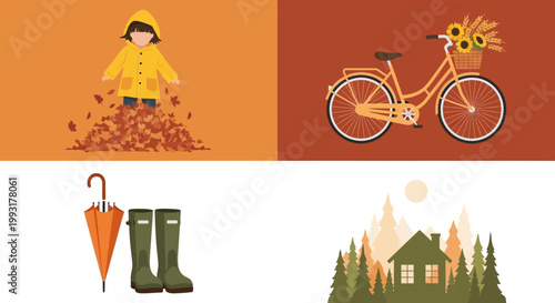 Flat design vector illustration of autumn season children enjoying fall leaves and a bicycle near a cozy forest landscape with warm sunlight