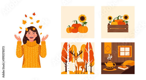 Flat design vector illustration of autumn season harvest celebration with cozy fall clothing and woodland animals in warm sunlight