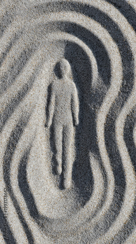 Zen garden meditation walk design features human silhouette surrounded by smooth sand patterns creating peaceful and calming atmosphere for relaxation and mindfulness