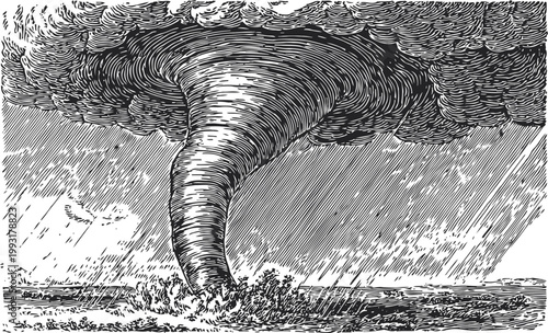 Powerful tornado storm over landscape with heavy rain and dark swirling clouds