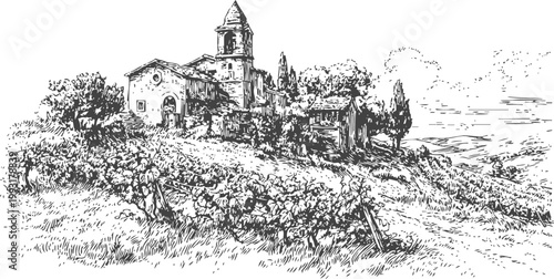 Rustic vineyard landscape with farmhouse and church on a hillside countryside rural scenery