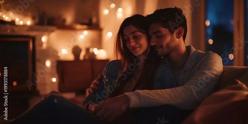 Festive Holiday Intimacy: Sharing Warm Moments with Candlelight and Christmas Decor | Cozy Christmas Evening: Romantic Togetherness in a Festive Living Room