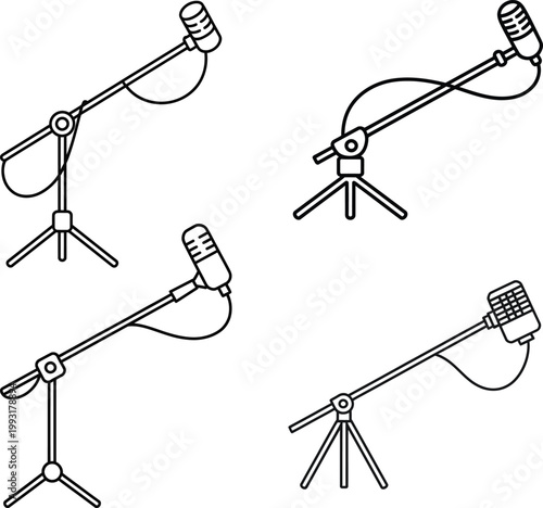 Four different microphone stands with attached microphones shown in various angles and designs isolated on transparent background