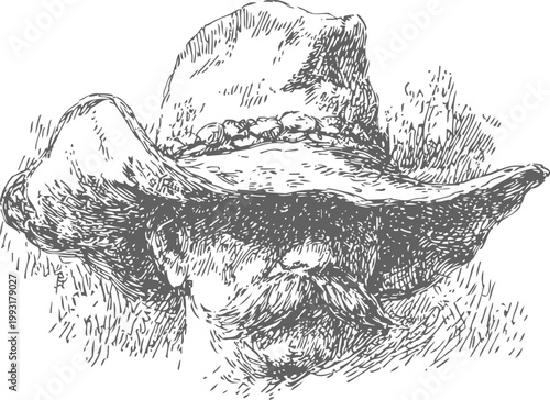 Vintage cowboy portrait with large hat and mustache, hand drawn western illustration