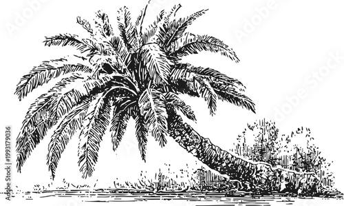 Detailed vintage illustration of a leaning palm tree with lush fronds and textured trunk