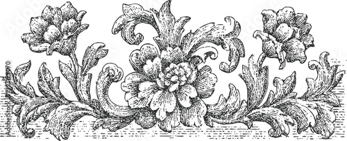 Vintage floral ornament with detailed leaves and blooming flowers in black and white