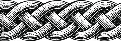 Intricate braided rope design with textured shading in black and white classic engraving