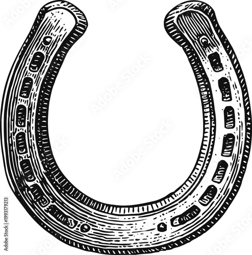 Vintage horseshoe illustration with detailed engraving, lucky charm and rustic metal design