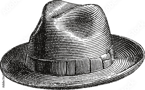 Vintage fedora hat engraving classic menswear accessory with ribbon band, detailed black and white line art