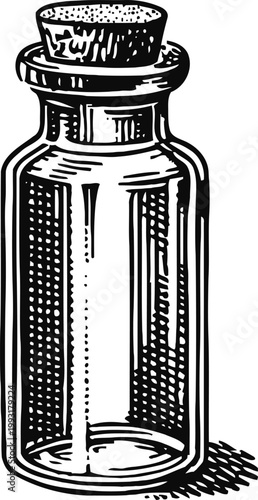 Vintage glass bottle with cork stopper hand drawn detailed sketch of small empty container with sealed top