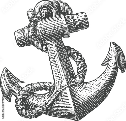 Vintage nautical anchor with rope hand drawn maritime symbol for sea travel and sailing