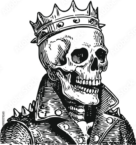 Skeleton king wearing spiked crown and leather jacket with collar, gothic dark vintage illustration