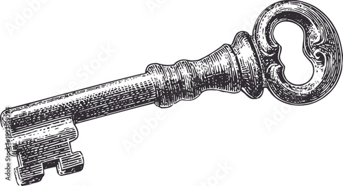 Vintage antique key illustration old metal skeleton key with ornate handle engraved design