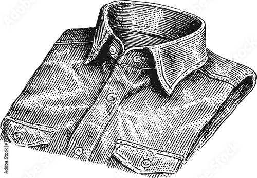 Classic folded collared shirt with buttons and front pockets, detailed vintage engraving