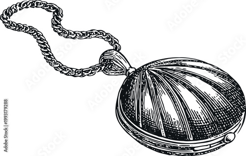 Vintage pocket watch pendant with chain, antique timepiece illustration old classic accessory