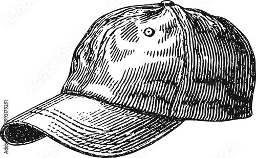 Vintage baseball cap illustration in black and white detailed sketch