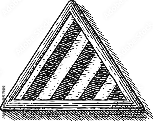Hand drawn triangular warning sign with diagonal stripes in vintage sketch