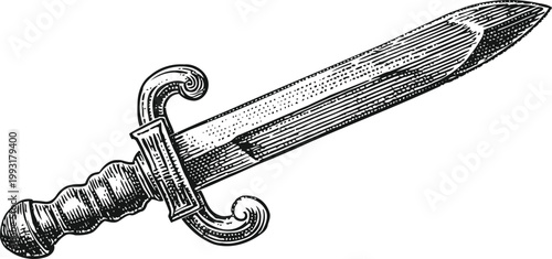 Antique dagger with ornate handle and detailed blade engraving, vintage weapon illustration