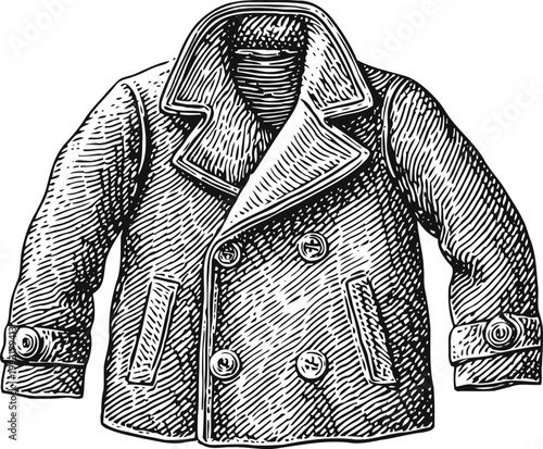 Classic double breasted pea coat with lapel collar and buttoned cuffs illustration